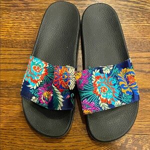 Floral Embroidered Slide Sandals - Black and Multicolor XL
